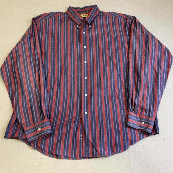 LL Bean Button Up Shirt Mens XL Red Blue Striped Dress Workwear Business Casual - Picture 1 of 7